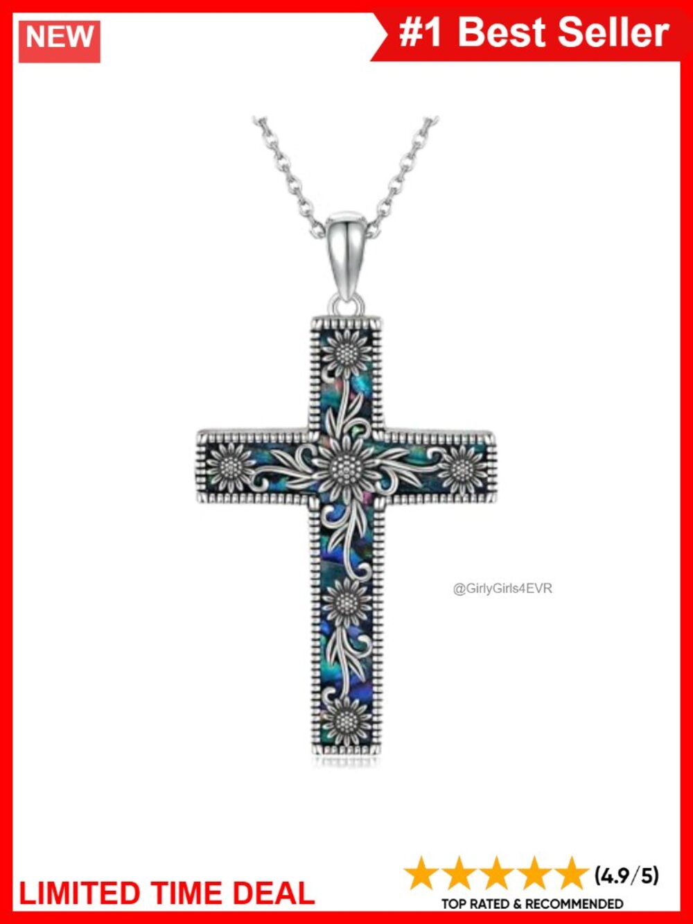 Sterling Silver Cross Necklace Sunflower Pendant 18+2" Christian Jewelry Gift